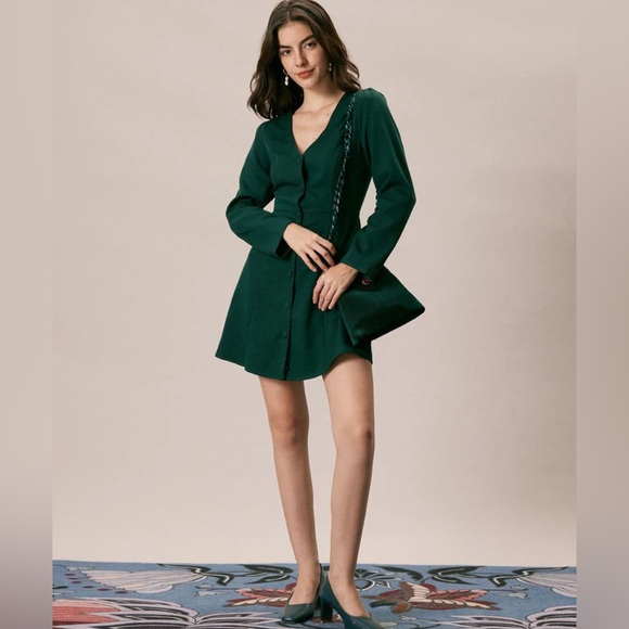 NWT RIHOAS The Green V Neck Button Shirt Mini Dress - Picture 5 of 8